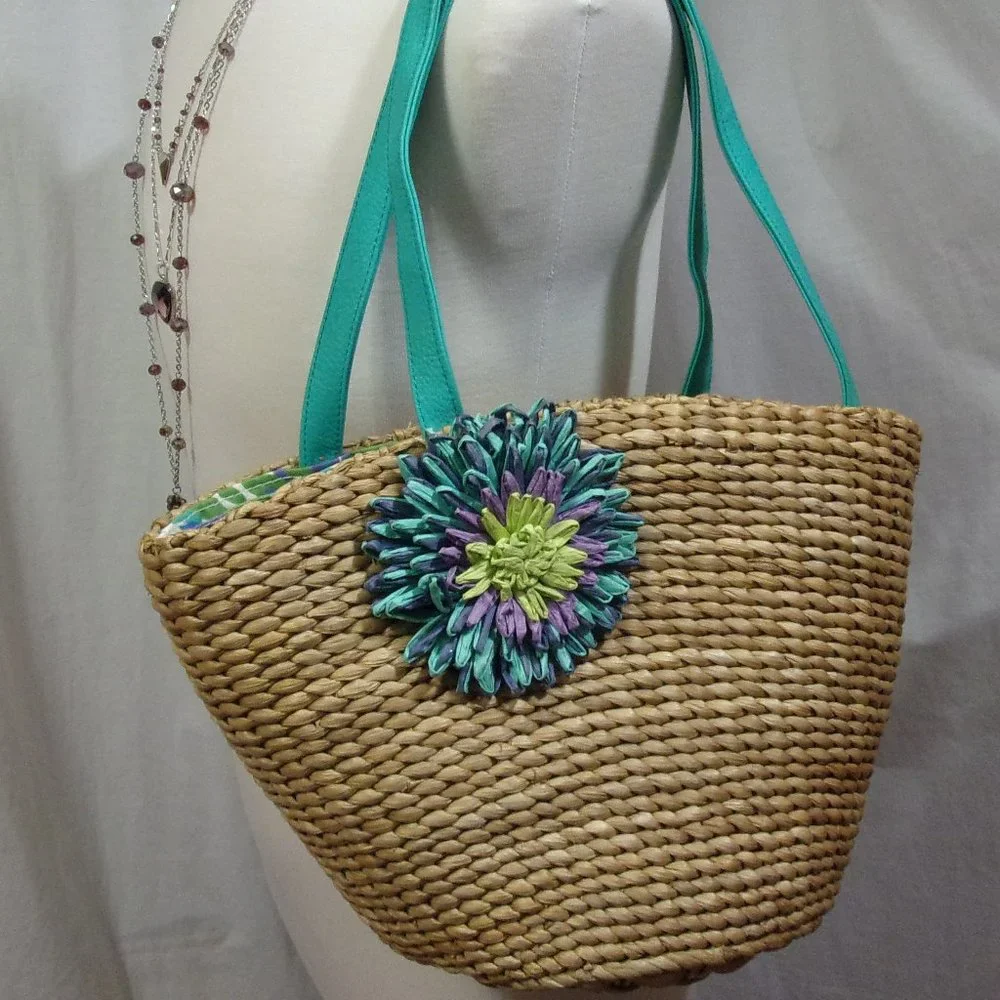Straw Handbag Jade Trim Trim Rosette Accent NWOT